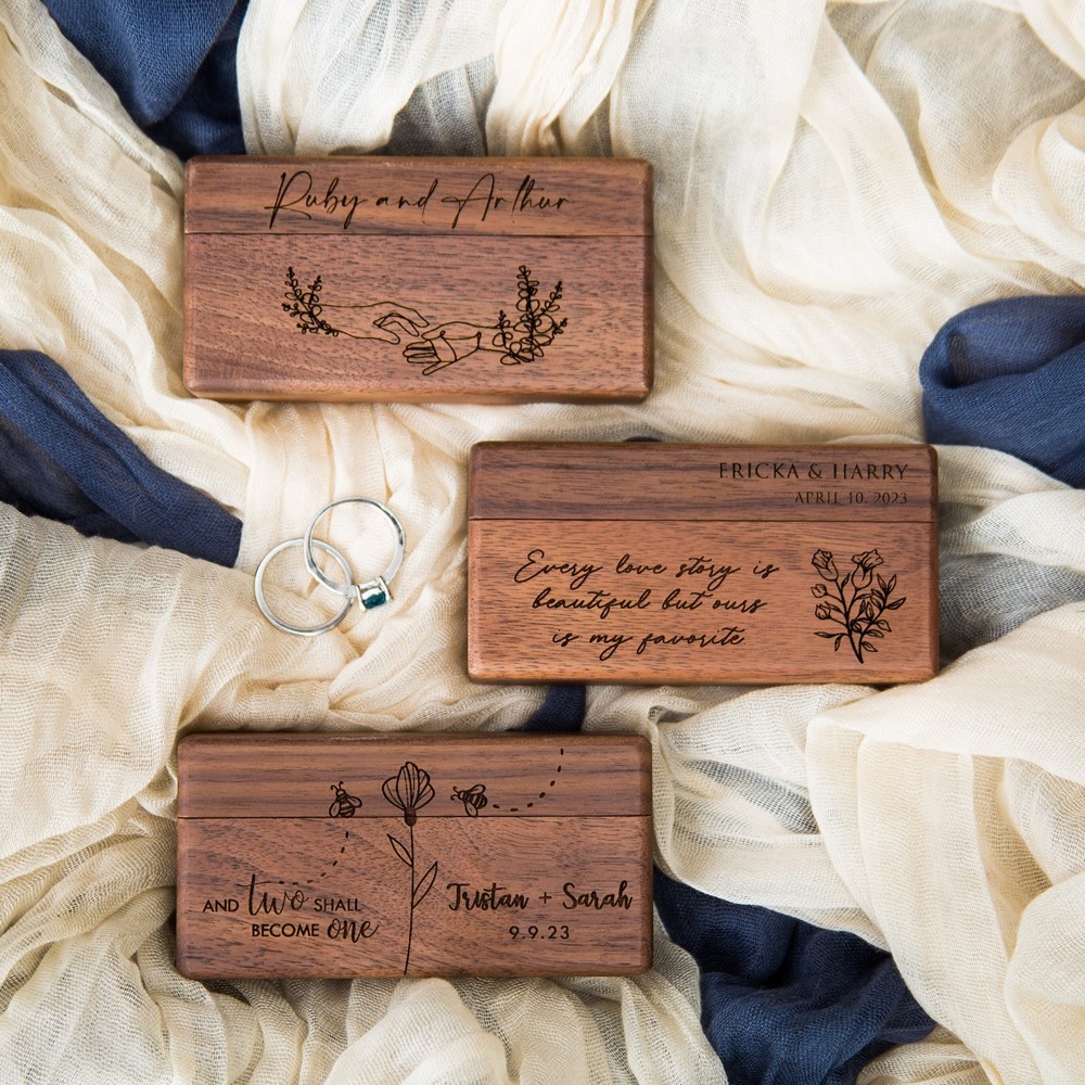 Picture of Black Walnut Ring Ring Box Double Slot Wedding Proposal Ring Box Jewelry Flip Cover Engraving Laser Engraving Pattern