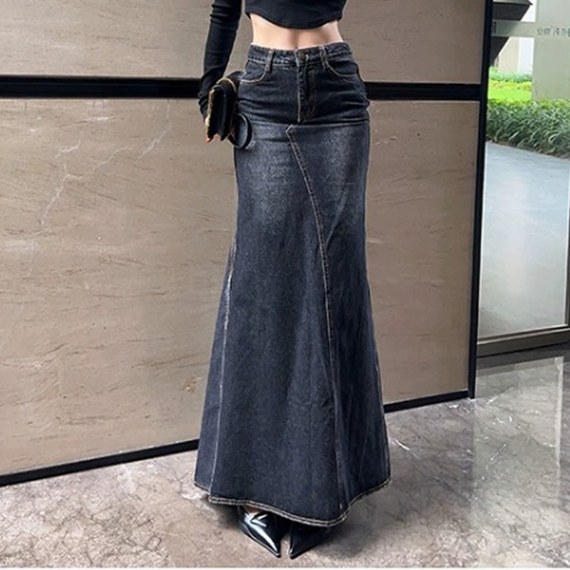 2023 autumn and winter New retro high waist fishtail Denim skirt women's split line hip design sheath dress
