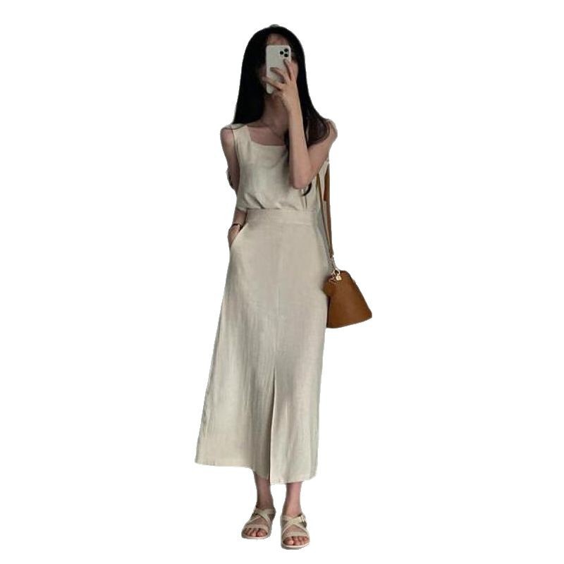 Picture of Korean Chic Summer Simple and Versatile Square Neck Sleeveless Cotton and Linen Vest Vest + High Waist Slit Skirt Suit