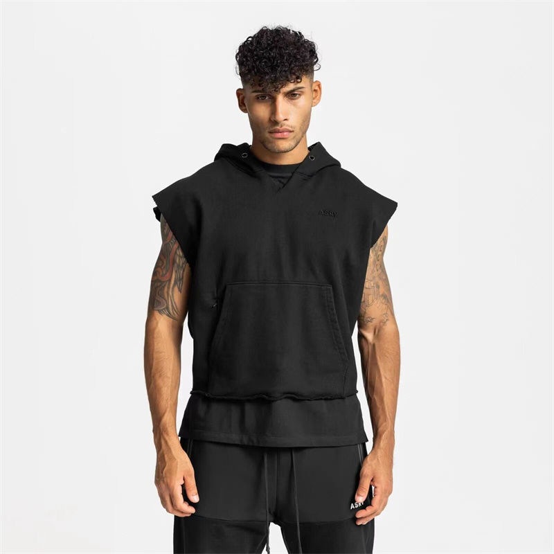 New Summer Men's Hoodies Solid Color Slim Casual Vest Men's Fitness Sports Sleeveless T-Shirt Hooded