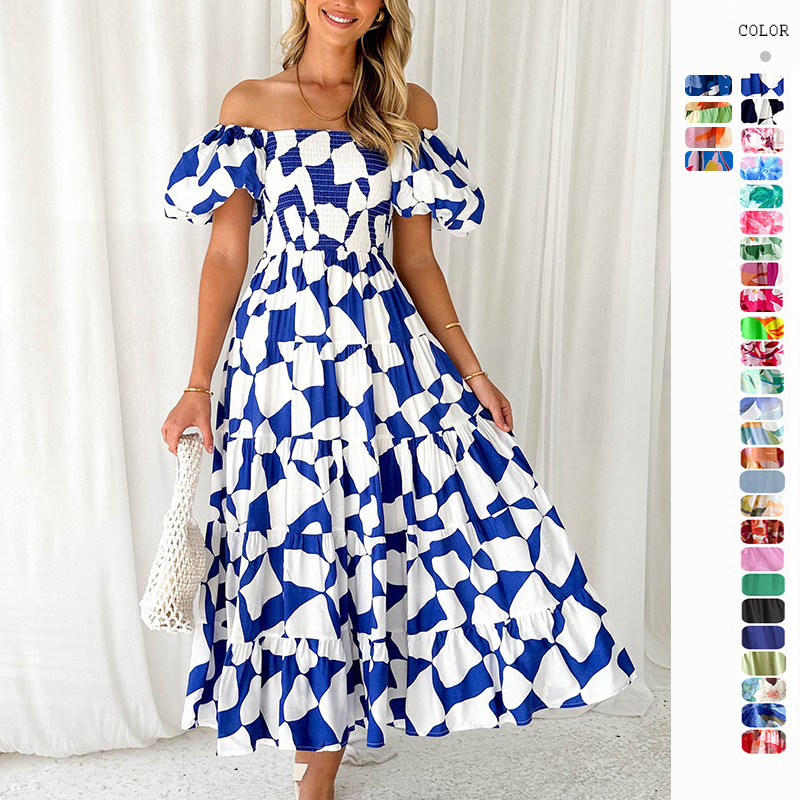 Europe and the United States platform cross-border spring and summer new hot-selling one-word collar printed puffy skirt bubble sleeve dress women 2024