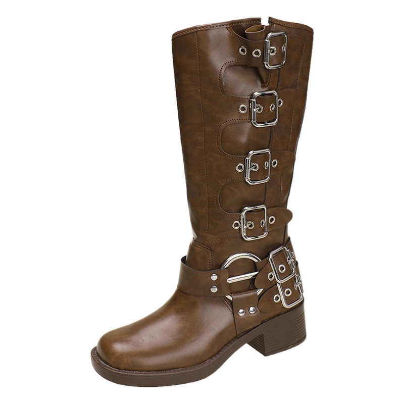 Autumn and Winter new Knight boots Women's chunky heel round toe belt buckle mid-calf leather boots fashion retro brown Denim boots