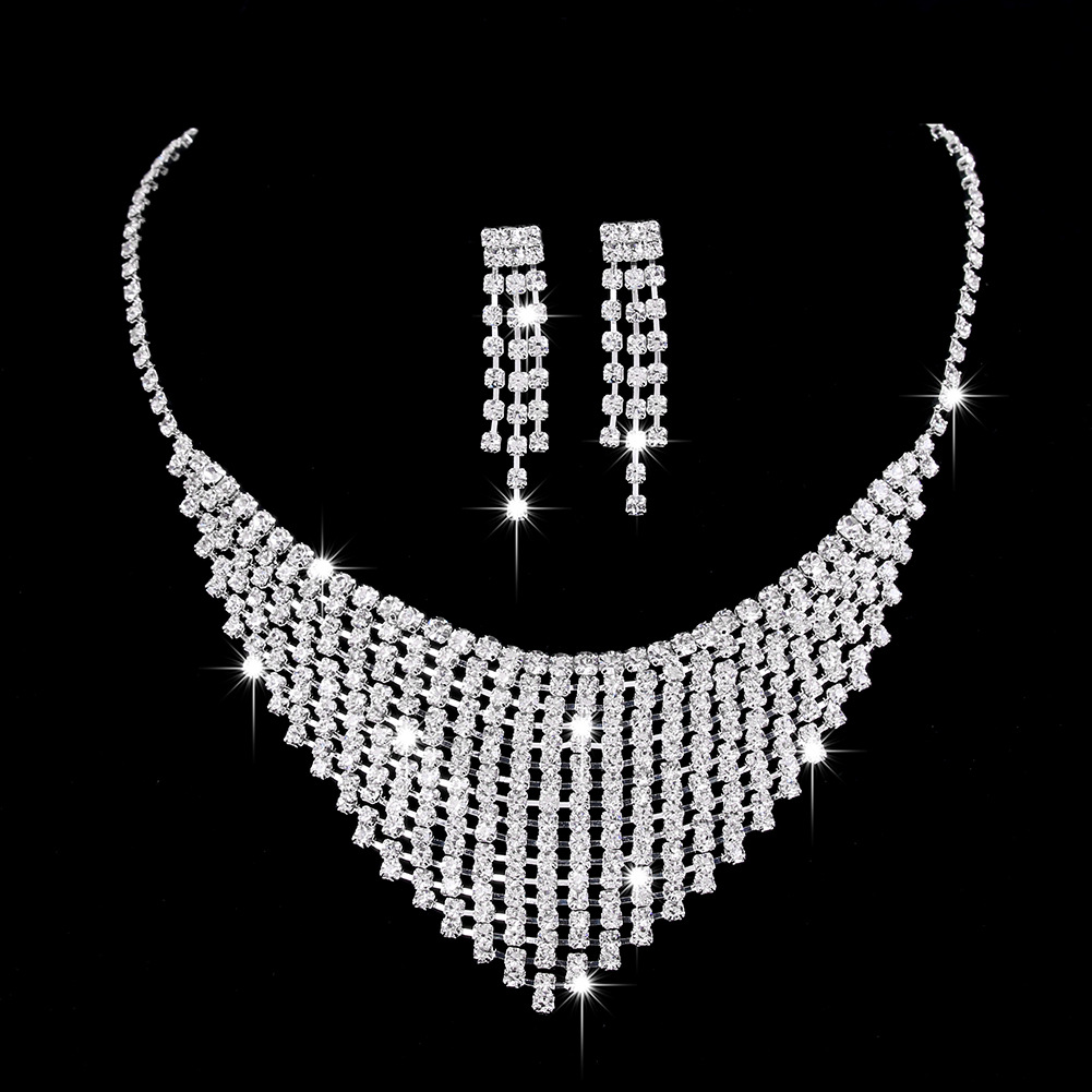 Picture of Brilliant diamond zircon water drop necklace earrings bride wedding jewelry shooting jewelry set wholesale