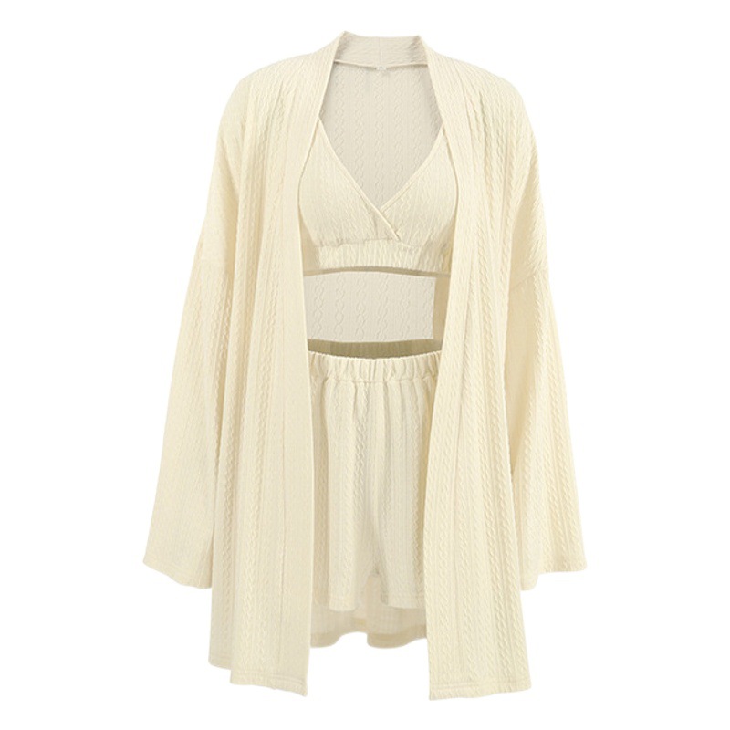 2025 European and American Autumn New Knitted Sling Cardigan Nightgown Three-piece Pink Cool Shorts Women's Home Clothes