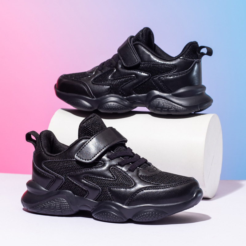 cuhk children's all black leather light running shoes children's shoes boys black sneaker mesh breathable children autumn