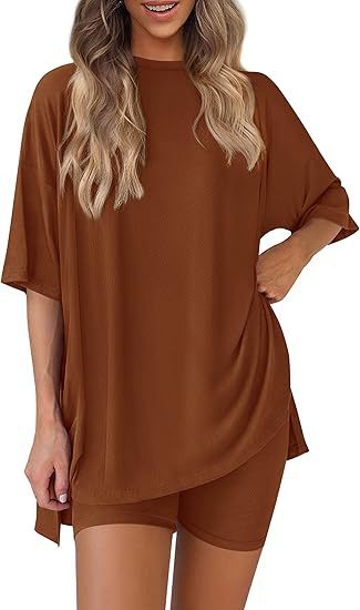 Picture of Cross-border foreign trade Amazon 2025 new women's casual round neck split loose shorts short sleeve home clothes suit