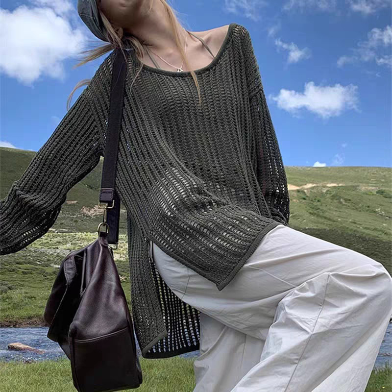 Women's Summer Thin Long Lazy Air-Conditioned Shirt High-End Top Long-Sleeved Hollow Sweater