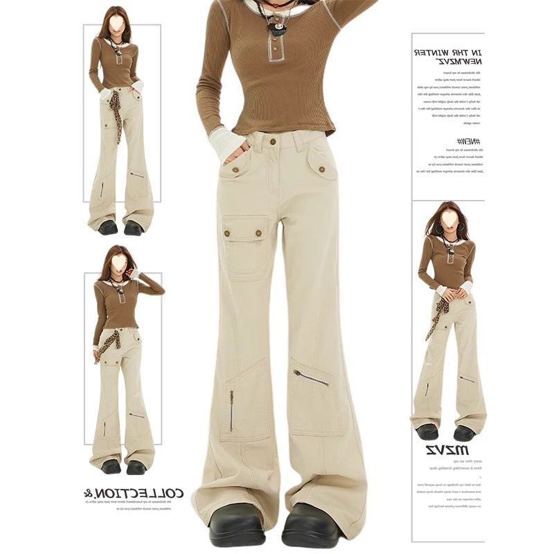 American-style Micro-pants Work Wear Women's 2025 Spring and Autumn New High Waist Slimming Multi-pocket Trendy Flared Pants with No Legs