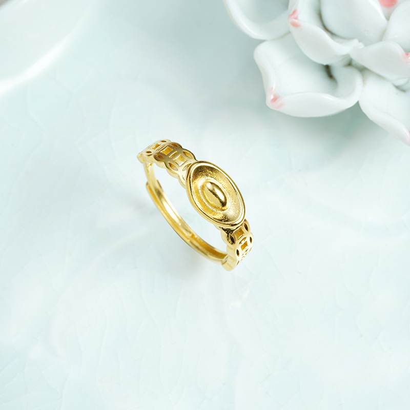 Vintage Vietnamese Gold-Plated Ring Ethnic Style Hollow Coin Ingot Adjustable Ring for Women Versatile Long-Lasting Jewelry