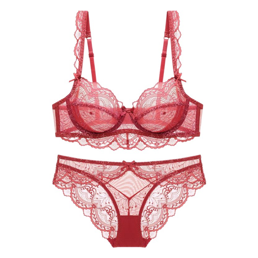 European and American Sexy Intimates for Women, Ultra-Thin Cut Out Sponge-Free Transparent Lace Intimates, Big Breasts, Small and Large Size Bra Set
