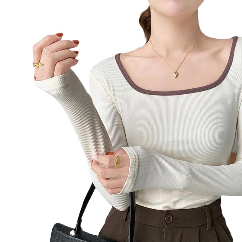 Shoulder Long-sleeved T-shirt Women's Spring 2024 New Slim-fit Slimming Base Shirt with Square Collar Instagram Short Top