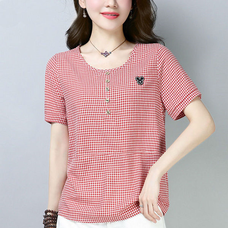 Spring and summer short sleeve Korean style new loose slimming plus size women's bottoming shirt top small plaid casual T-shirt for women