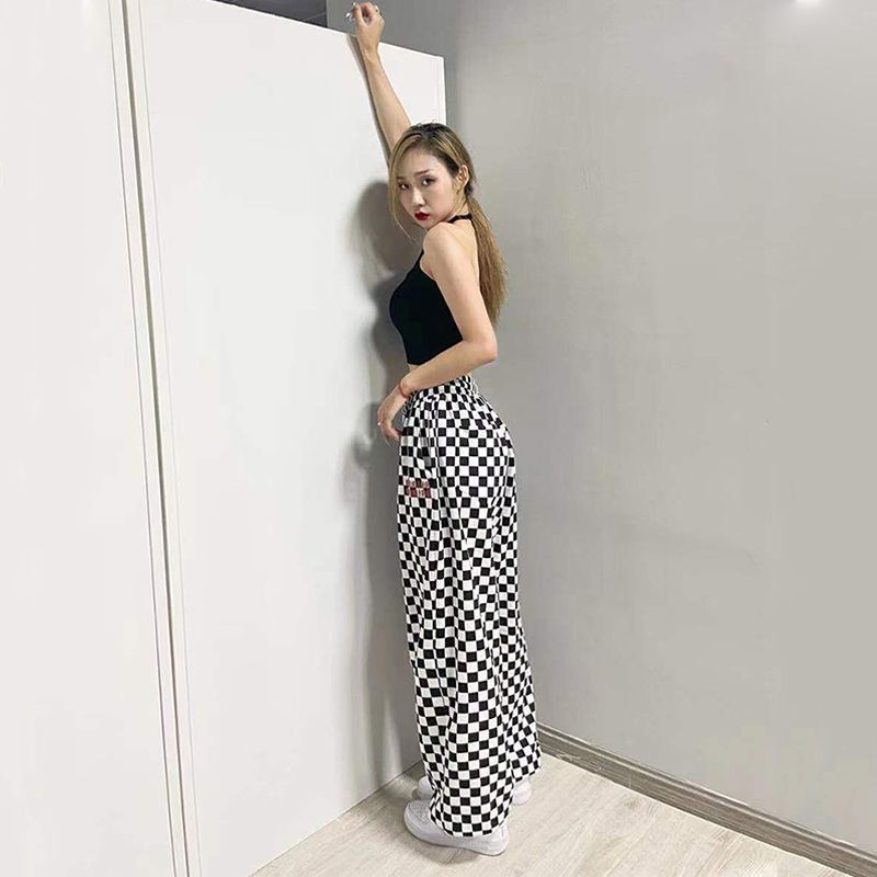 Picture of Black and White Chessboard Plaid Pants Women's Hip-hop 2024 Loose Wide-leg Trendy Jazz Dance Casual Sports Pants High Street Trendy
