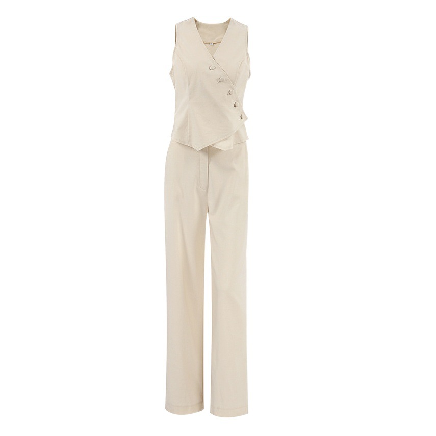 European and American Cotton and Linen Khaki Cardigan Vest Straight Pants Two-Piece Set for Women 2025 Autum New Export Casual Suit