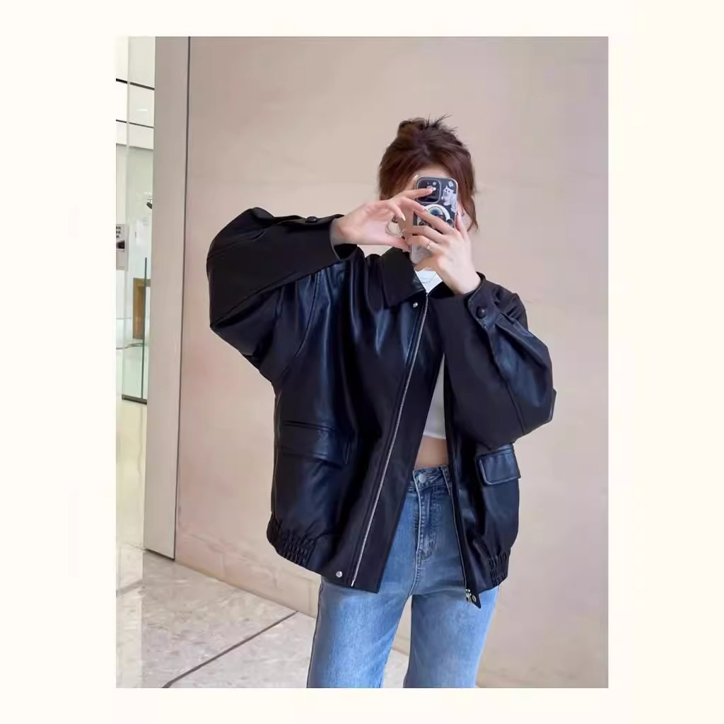 Picture of American Retro Brown Pu Leather Jacket for Women Spring & Fall 2023 New Oversize Niche Motorcycle Jacket Top