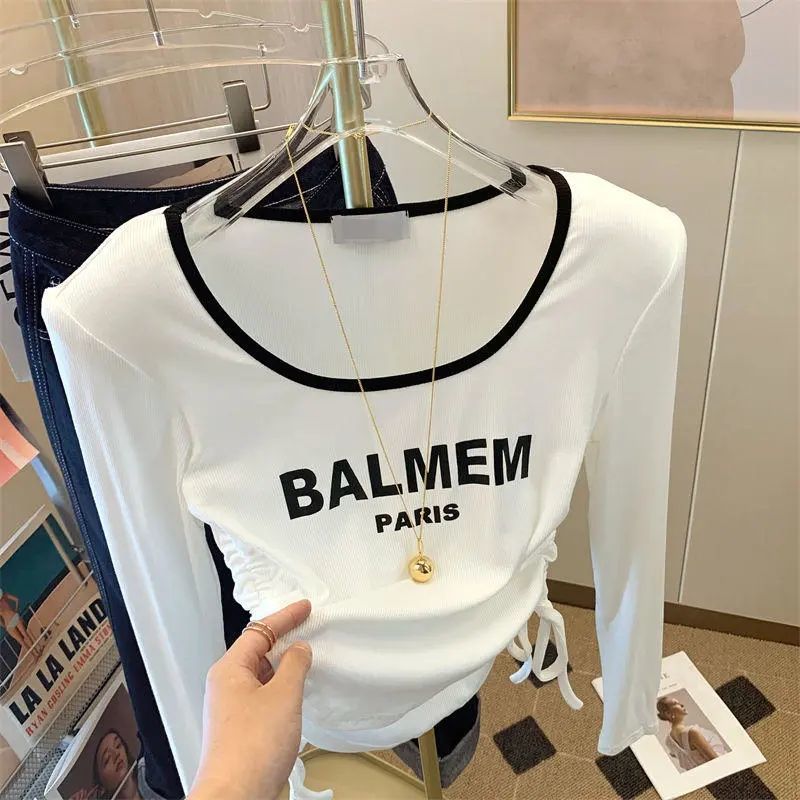 Contrast Color Letter Drawstring Tight Waist Slimming Long-sleeved T-shirt Women's 2024 Early Autumn New Foreign-style All-match Chic Top Ins Trendy
