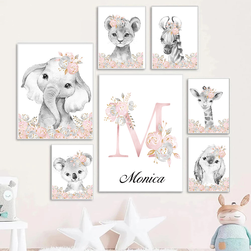 Picture of Cartoon animal Children Baby English letters Custom Baby Name bedroom canvas hanging painting decorative painting core