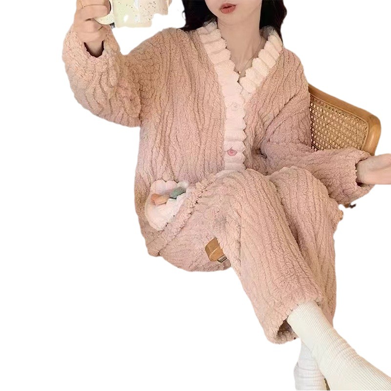 Rainbow Coral Velvet Suit Pajamas Winter Women's Fleece-Lined Thickeneded Flannel Home Clothes Can Be Worn Outside
