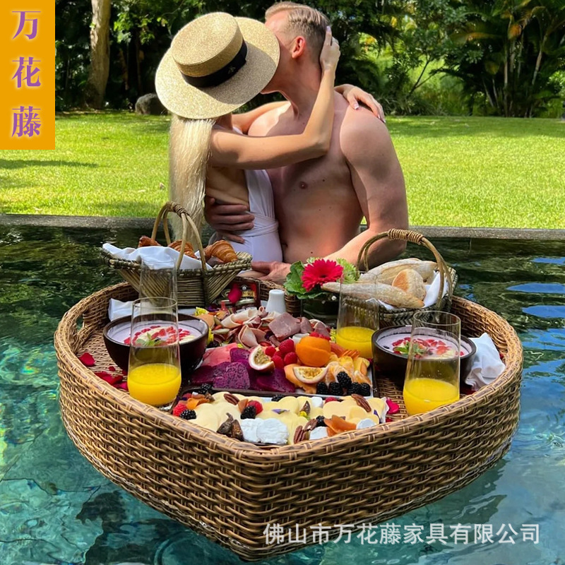 Bali Internet Celebrity Water Floating Tray Round Rattan Heart-shaped Fruit Basket Homestay Hotel Villa Swimming Pool Dinner Plate
