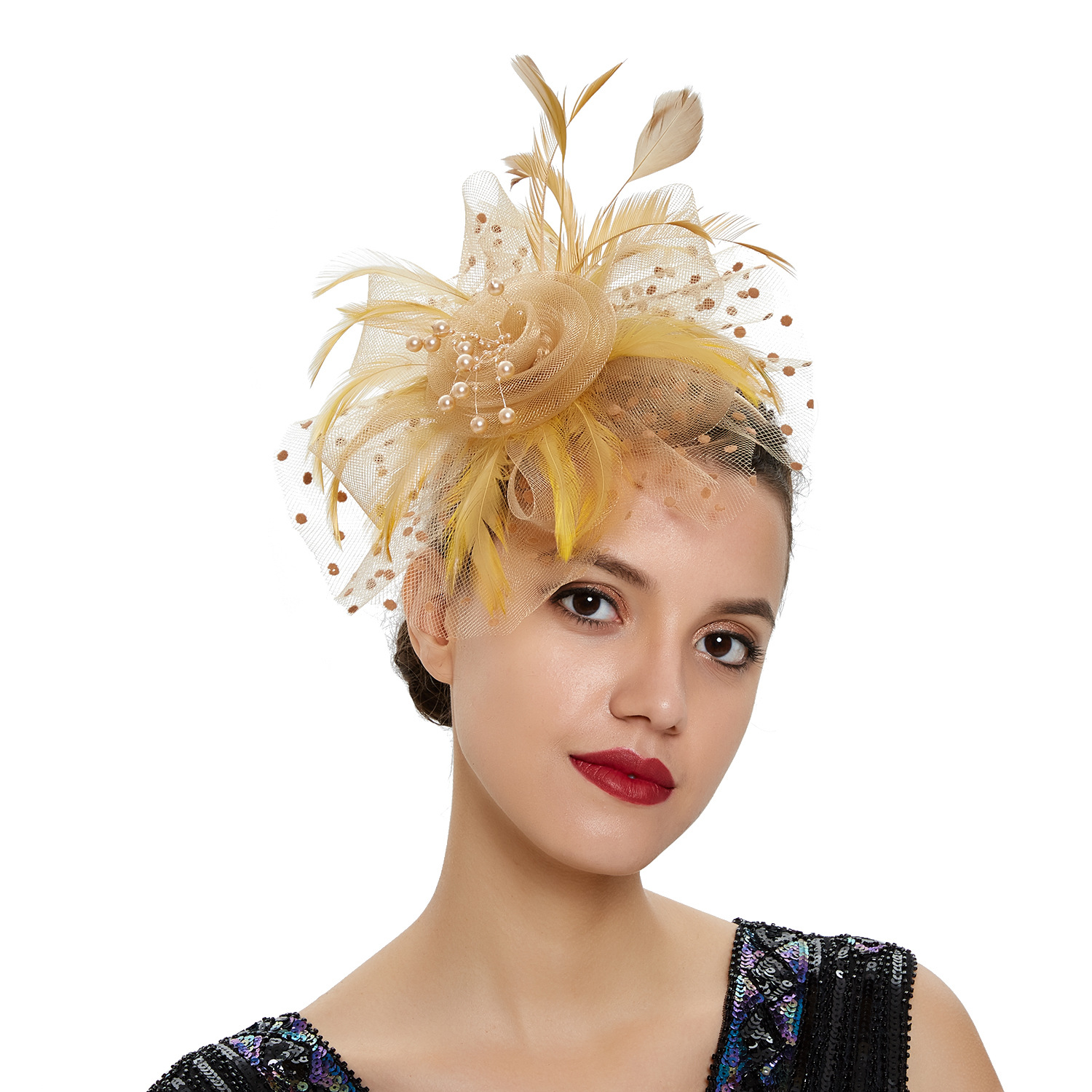 Picture of European and American Popular Amazon Feather Headdress Bridal Hair Accessories Mesh Top Hat Jockey Club Hair Accessories Hairpin Headband