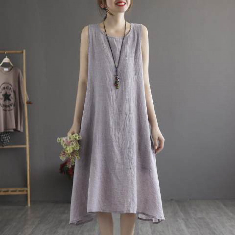 New sleeveless cotton and linen dress solid color vest dress retro literary large size long skirt summer
