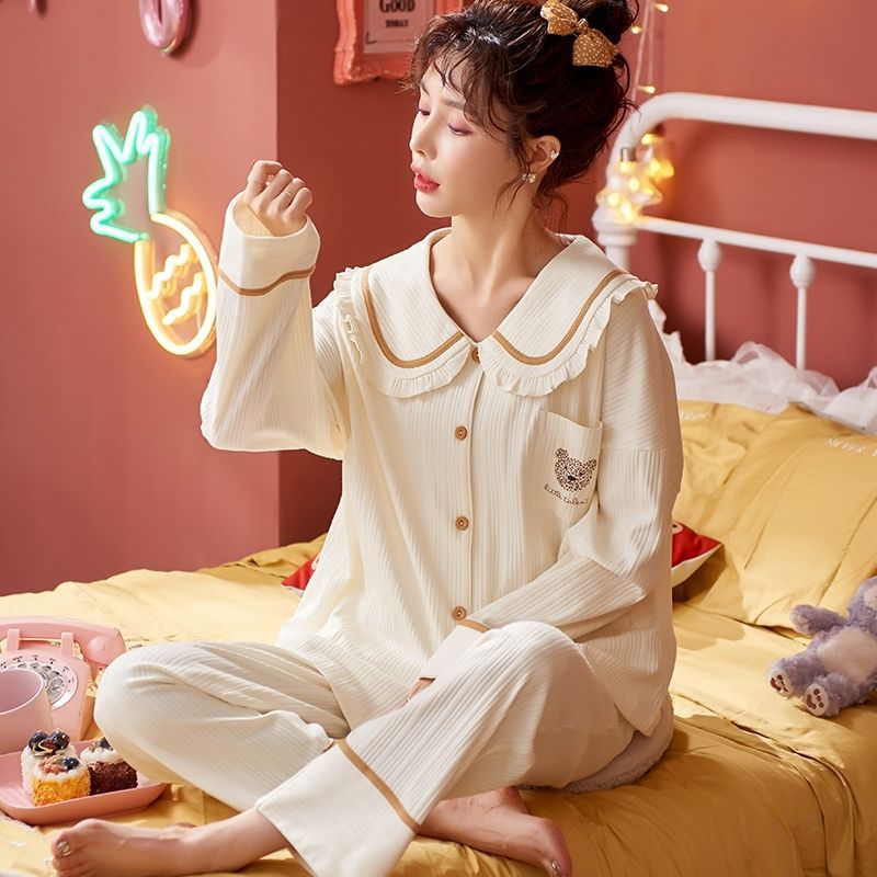 Pajamas Women's Spring and Autumn New 100% Cotton Lapel Long Sleeve Student Suit Outer Wearing Autumn and Winter Home Clothes