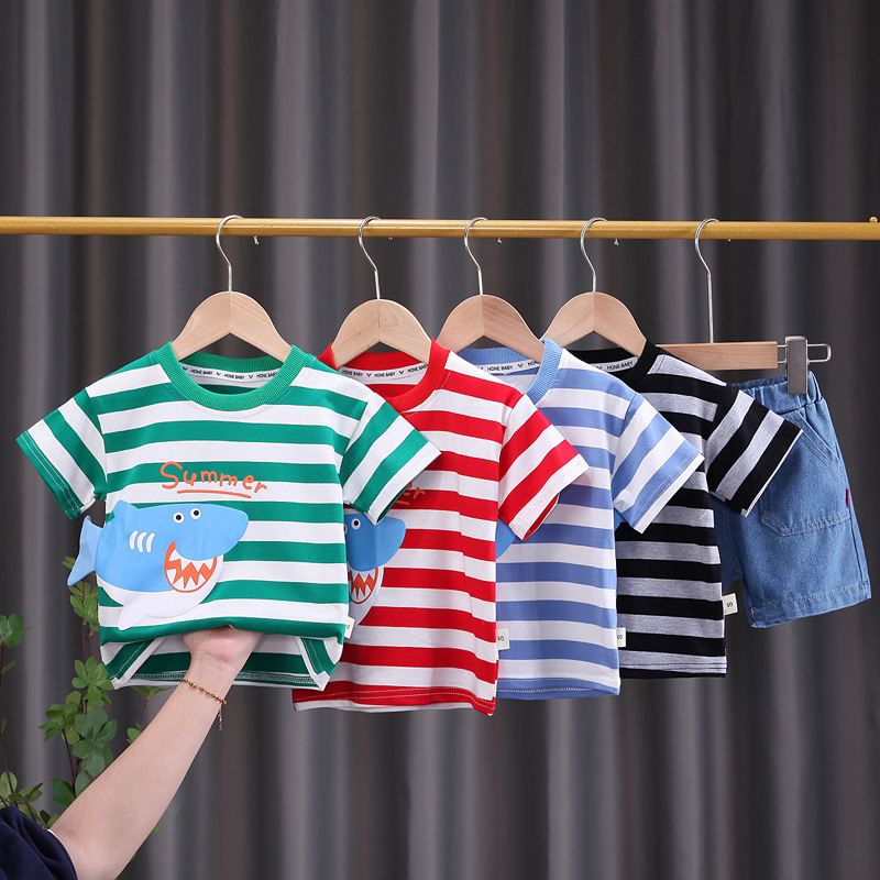 Boys' Summer Suit Stylish Boys Handsome Fashionable Two-Piece Baby's Summer Dress Striped Cartoon One-Piece Hair