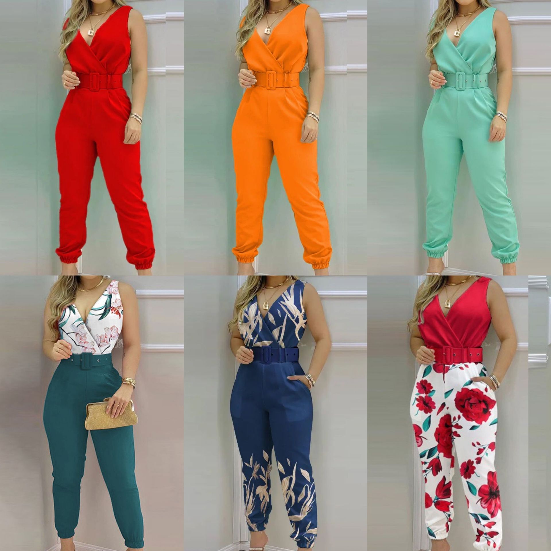 Picture of Spring and summer 2022 new independent station Europe and the United States cross-border V-neck backless printed high waist jumpsuit women (including Belt)