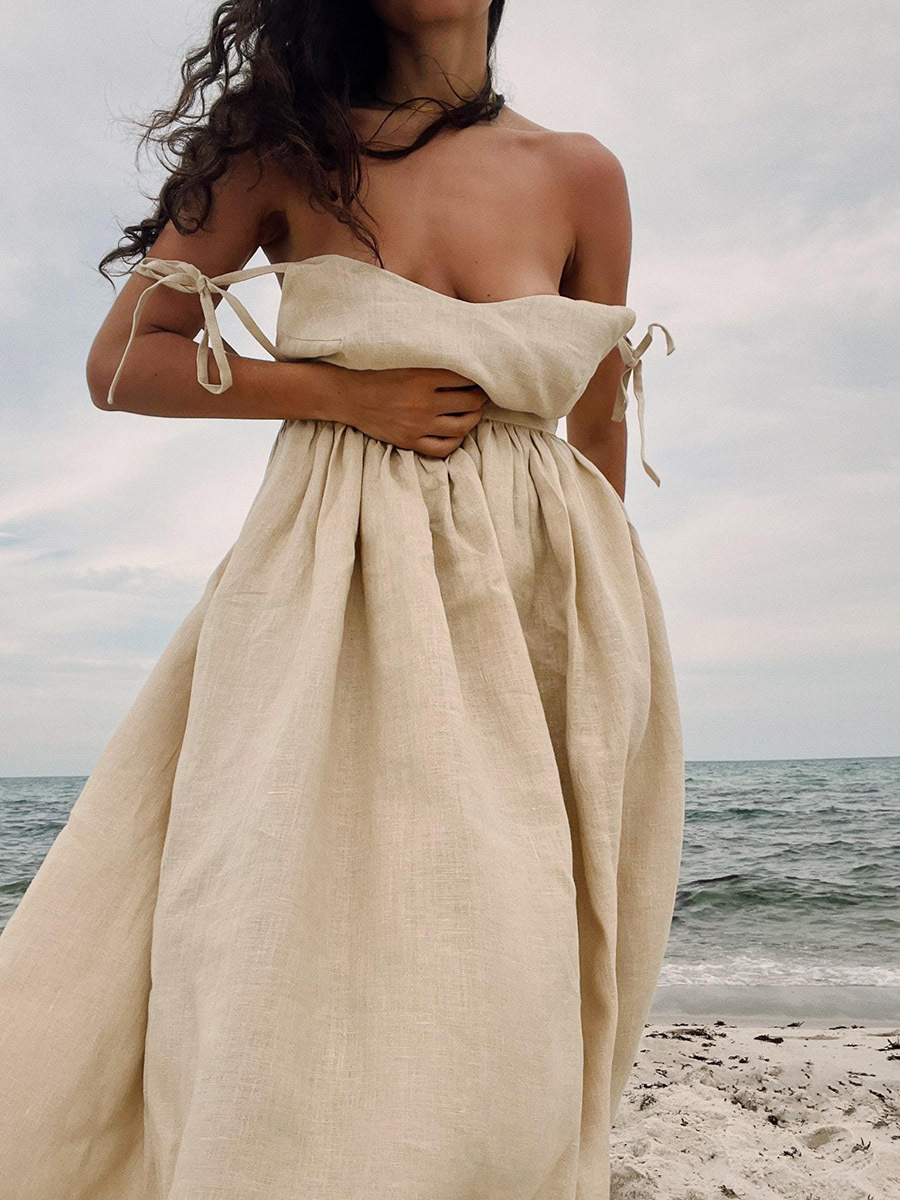 Picture of Cross-border Pure Cotton V-neck Slip Skirt Women's European and American 2025 Spring New Elegant Elegant Sexy Strap Backless dress
