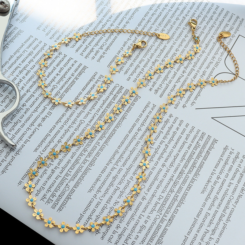 Picture of Ins European and American Personalized Gold Flower Blue Oil Dripping Necklace Titanium Steel Plated 18K Real Gold Bracelet Set Non-Fading Jewelry