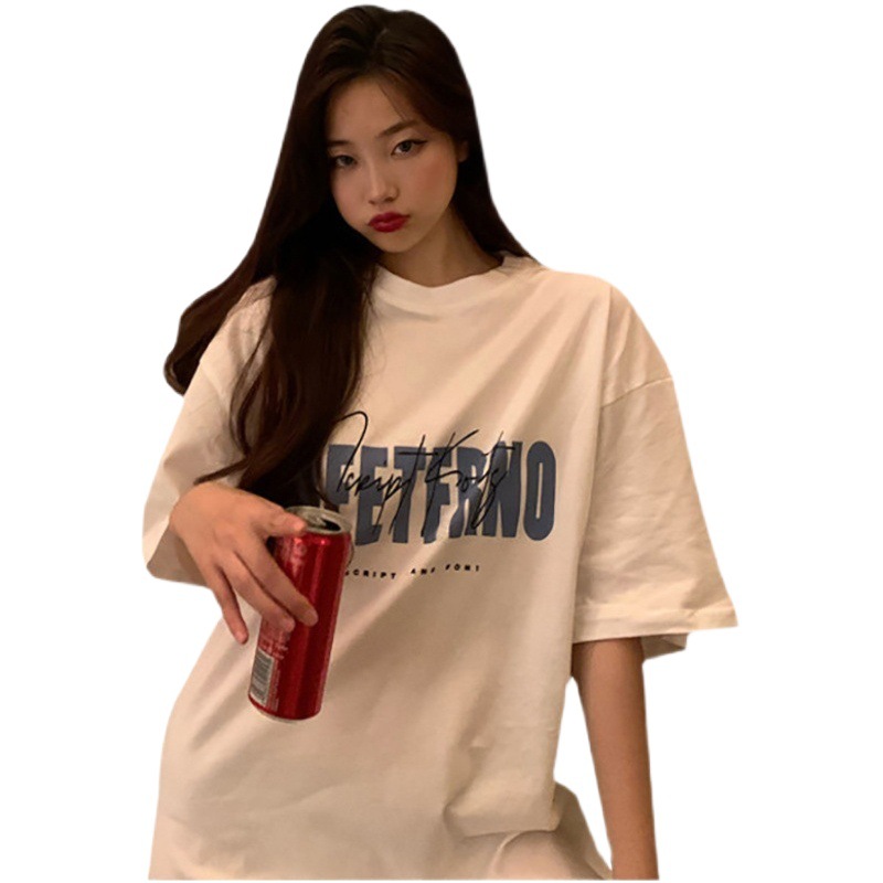 Picture of White T-shirt Women's Spring and Summer 2025 New Korean-style Hong Kong-style Retro Printed Middle-length Top Base Shirt for Students
