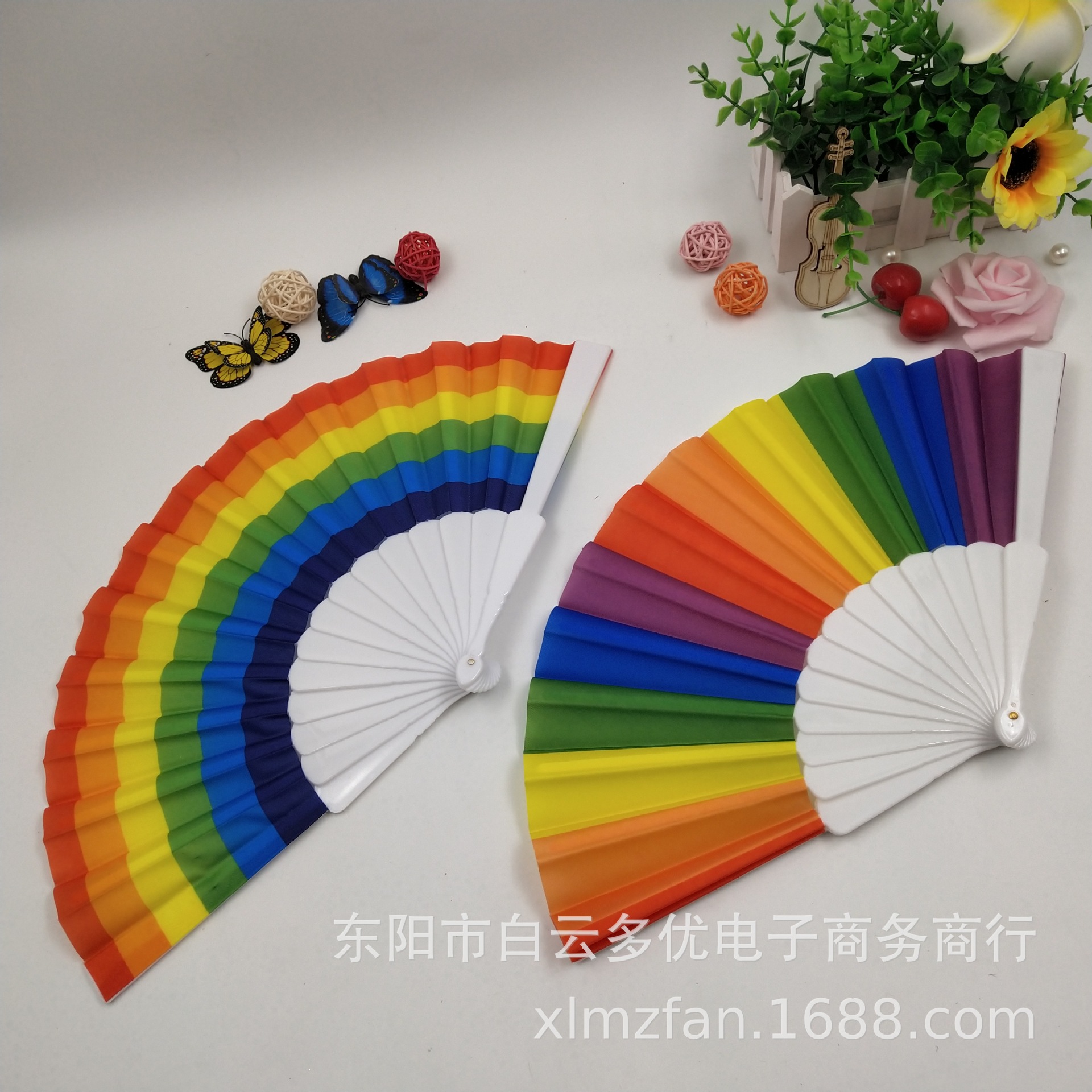 Picture of White Rod Rainbow Folding Fan Plastic Fan Rainbow Bl Fan Women Men Advertising Fan Wholesale Domestic Handheld Folding Fan