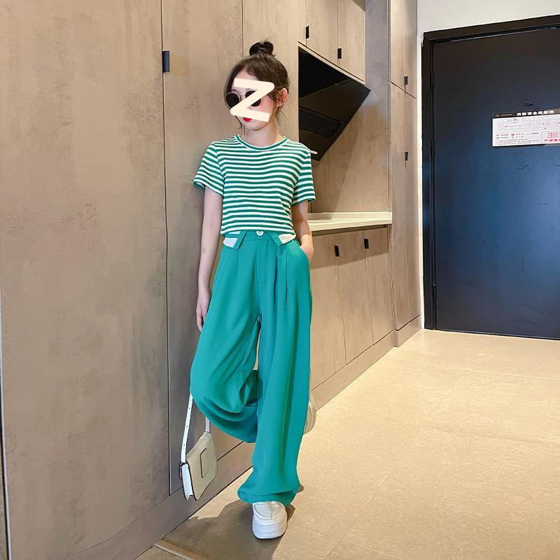 Girls' summer striped short-sleeved T-shirt wide-leg pants two-piece 2024 new big children's fashionable tight suit tide