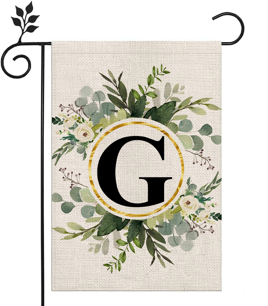 Picture of Simple ins style 26 letters + green plant printed linen garden flag surname initials courtyard door flag