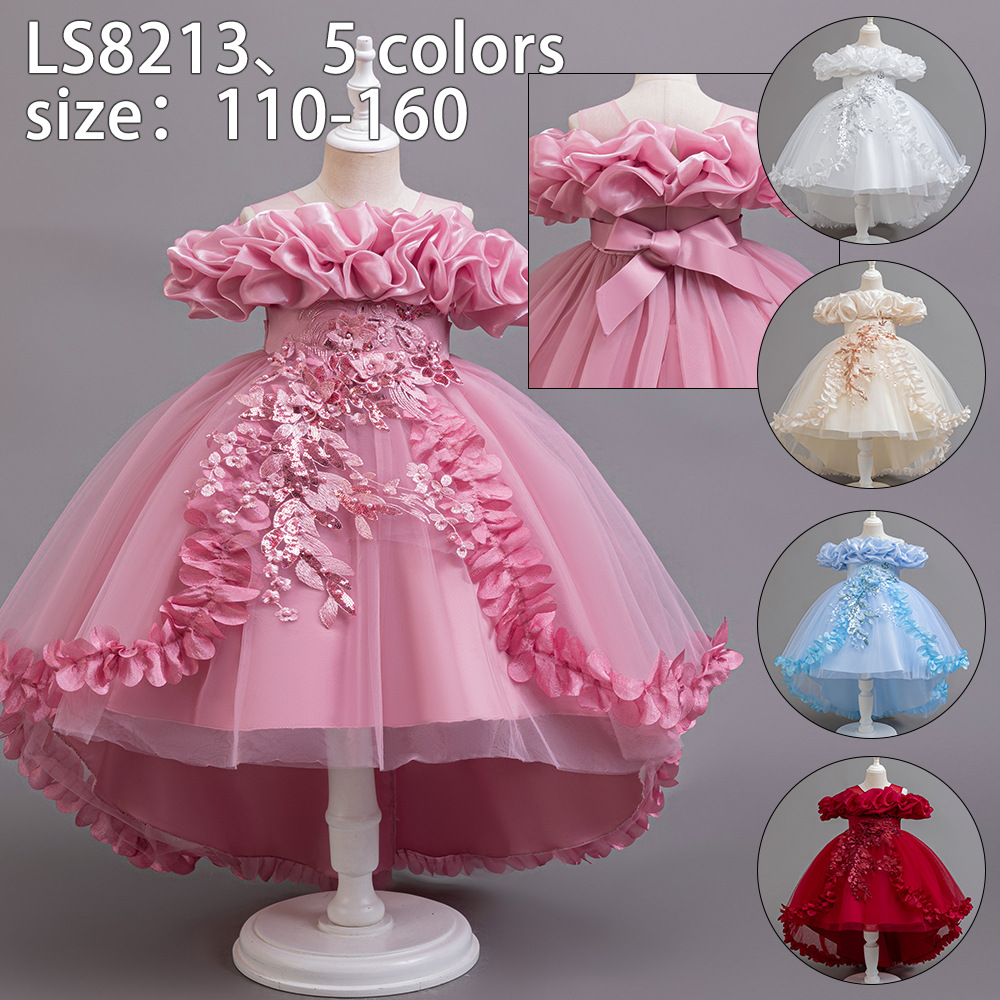 Girls One-Shoulder Fluffy Short Tail Dress Flower Girl Banquet Party Piano Performance Classy Princess Dress