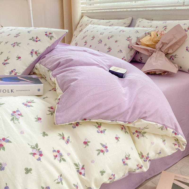 Picture of Small fresh class a 100 wash cotton four-piece set sanding cotton full quilt cover single bed hat student dormitory three or four-piece set