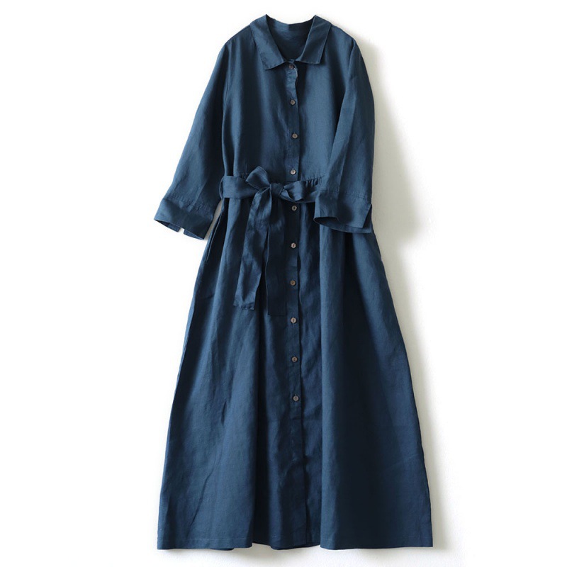 2024 Summer New Retro Simple Solid Color Cotton and Linen POLO Collar Single-Breasted Lace-Up Seven-Sleeve Dress for Women