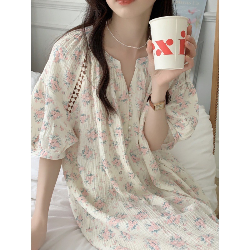 Real shot 2024 summer new double gauze women's pajamas short sleeve pullover V-neck home clothes hollow nightgown women