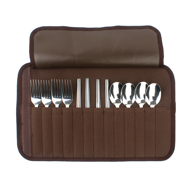 Picture of Outdoor Tableware Set Camping Barbecue 4 Person Tableware Portable Stainless Steel Spoon Chopsticks Fork Travel picnic bag