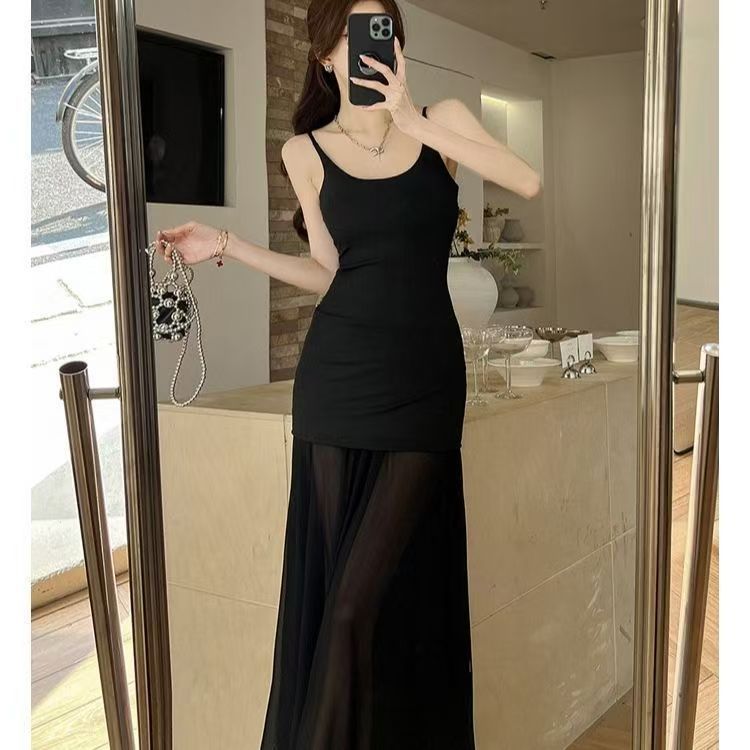 Black Mesh Sling dress Women's Summer French Elegant Pure Sexy Hot Girl Slim-fit Slim-fit Hip Dress