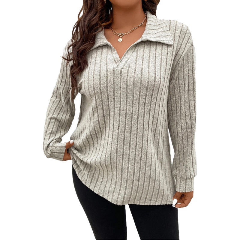 2023 Amazon autumn and winter new solid color plus size women's tops V-shaped lapel long sleeve pit brushed T-shirt loose