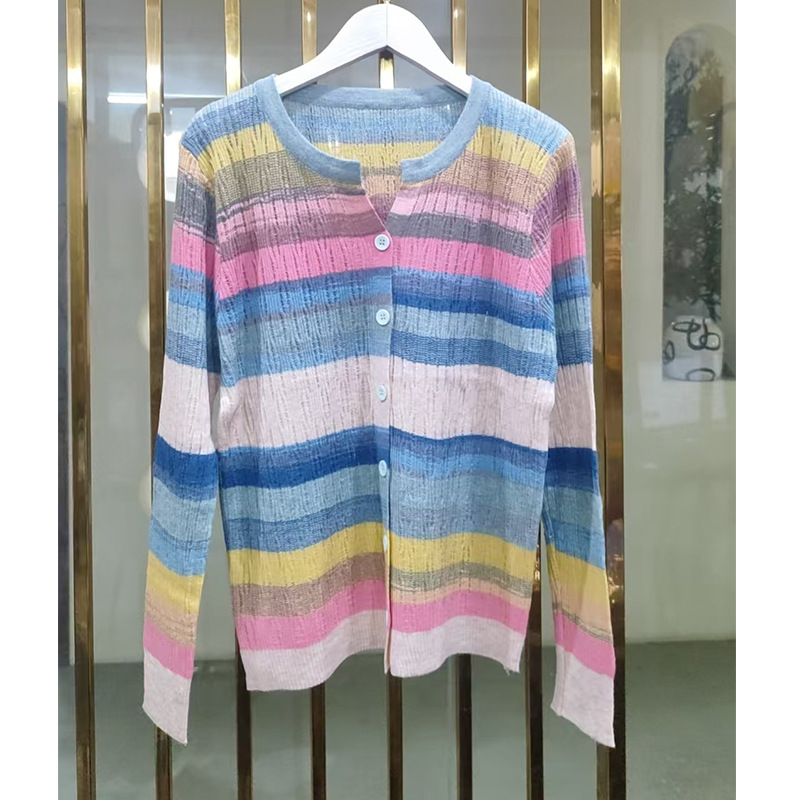 Picture of Spring and Autumn Contrast Color Striped Color Knitted Cardigan Top Women's New Casual Loose Hollow Bottoming Top Sun Protection Shirt