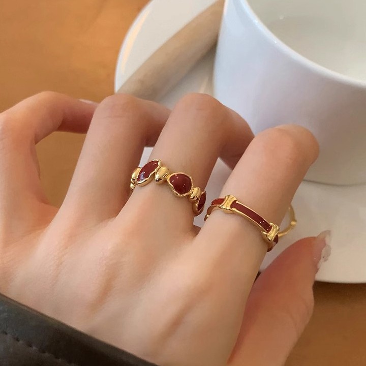 Encoat Red Irregular Oil Dripping Open Ring Index Finger Ring Niche Versatile Ring