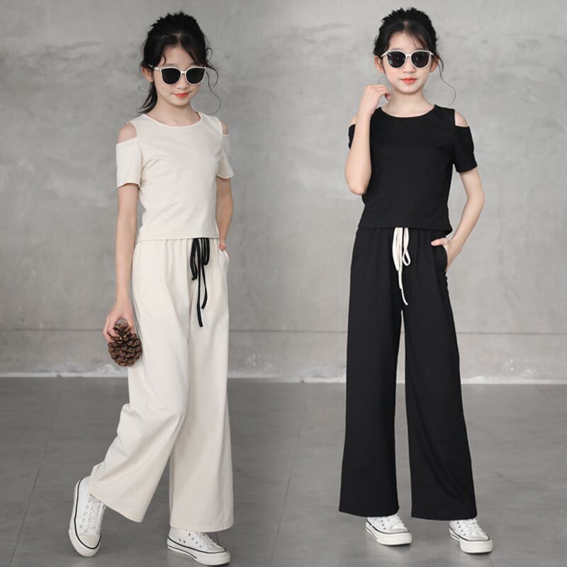 Girls' Casual Suit Summer Clothes Korean Style Girls' Big Children's Stylish Fashionable Off-shoulder Wide Leg Pants Children's Fashion Student Clothes