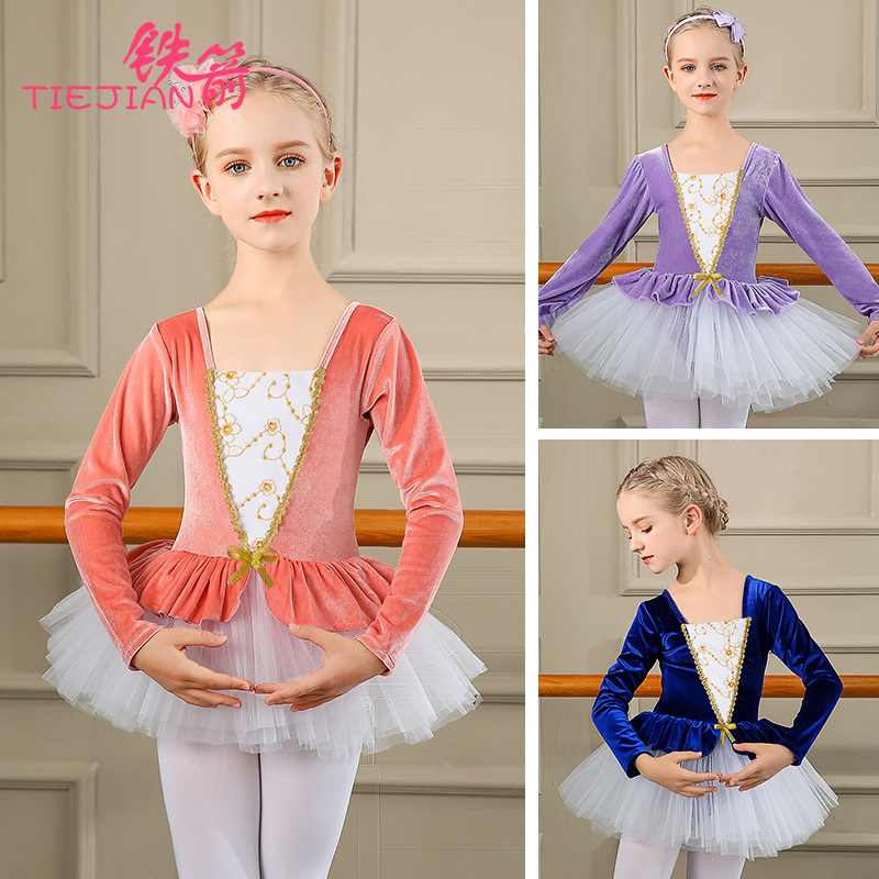 Children's dance clothes autumn new girls gold velvet one-piece puffy skirt long sleeve ballet dance practice clothes wholesale