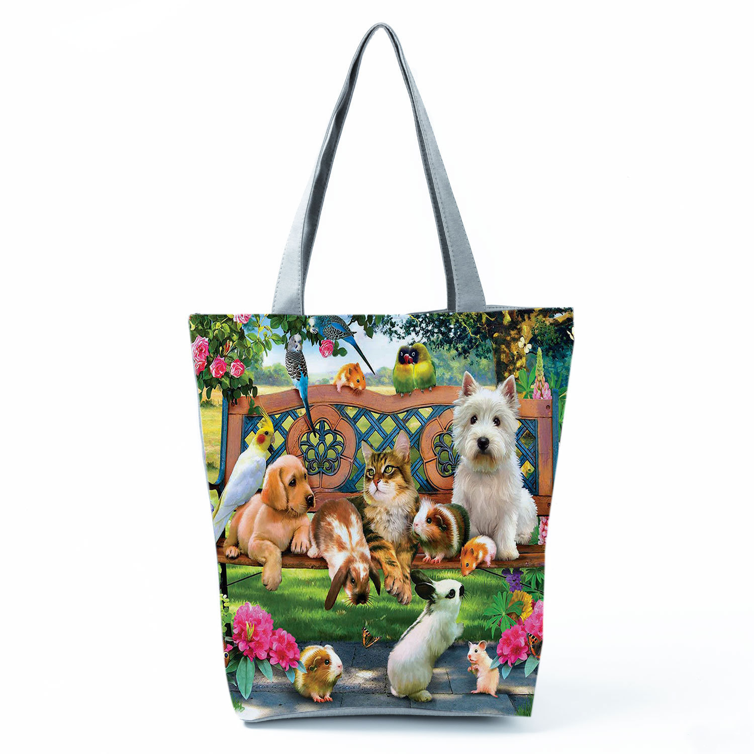 Picture of New cute flower cat printed shoulder bag portable travel storage bag large capacity outdoor tote bag