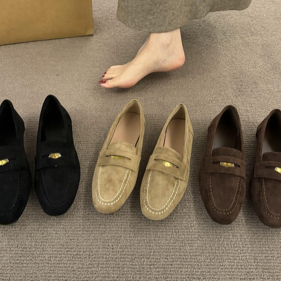 Gold Coin Small Leather Shoes Women's British 2024 New Korean Style French Style Retro Round Toe Casual Slip-on Flat Loafers