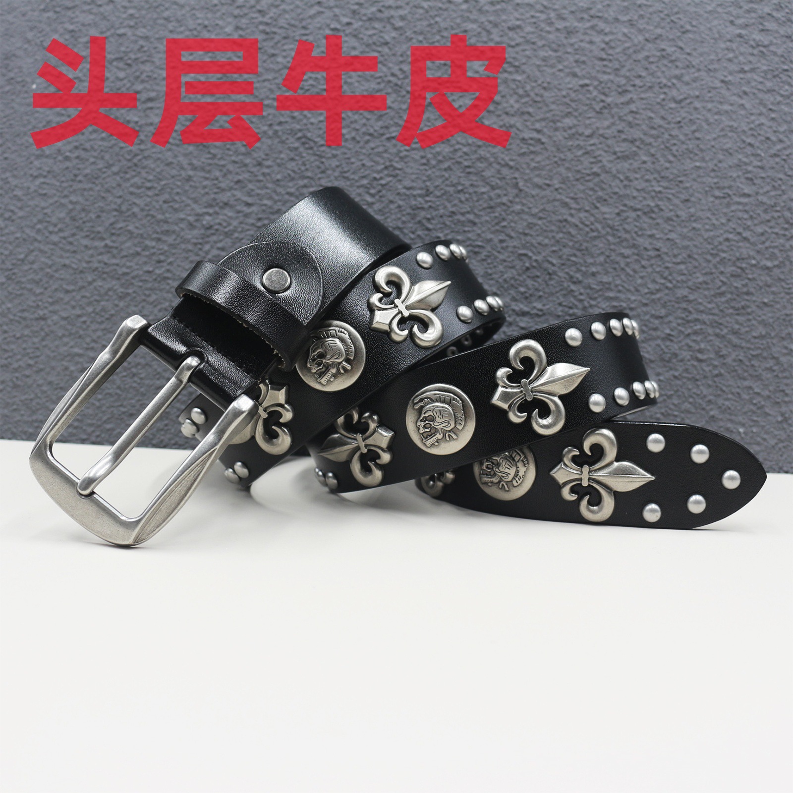 First Layer Cowhide New Skull Rivet Belt Genuine Leather Men's Belt Women's Pure Cowhide Versatile Decorative Belt Wholesale