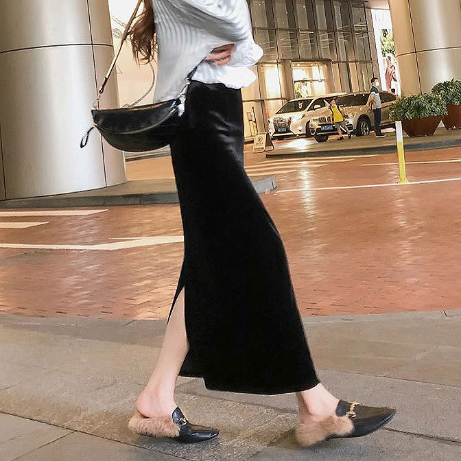 High Quality Gold Velvet Joker Dress 2025 Spring New Women's Slim-Fit Slimming Split Midi Skirt A2818