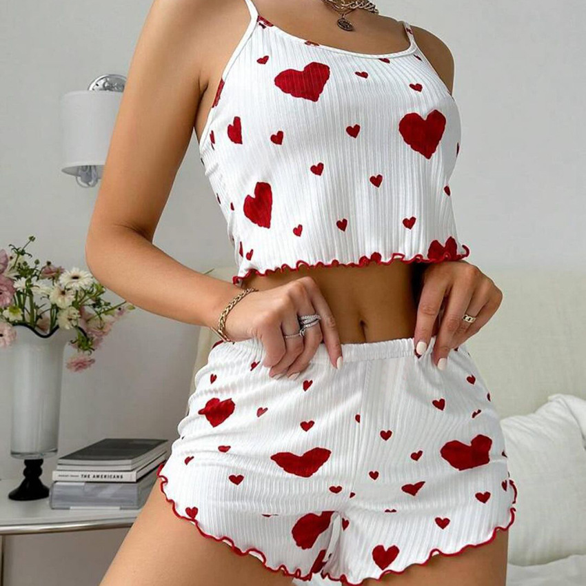 Cross-Border Hot-Selling Women's Home Wear Heart Print Camisole Shorts Casual Ribbed Can Be Worn Outside European and American Style Sleepwear